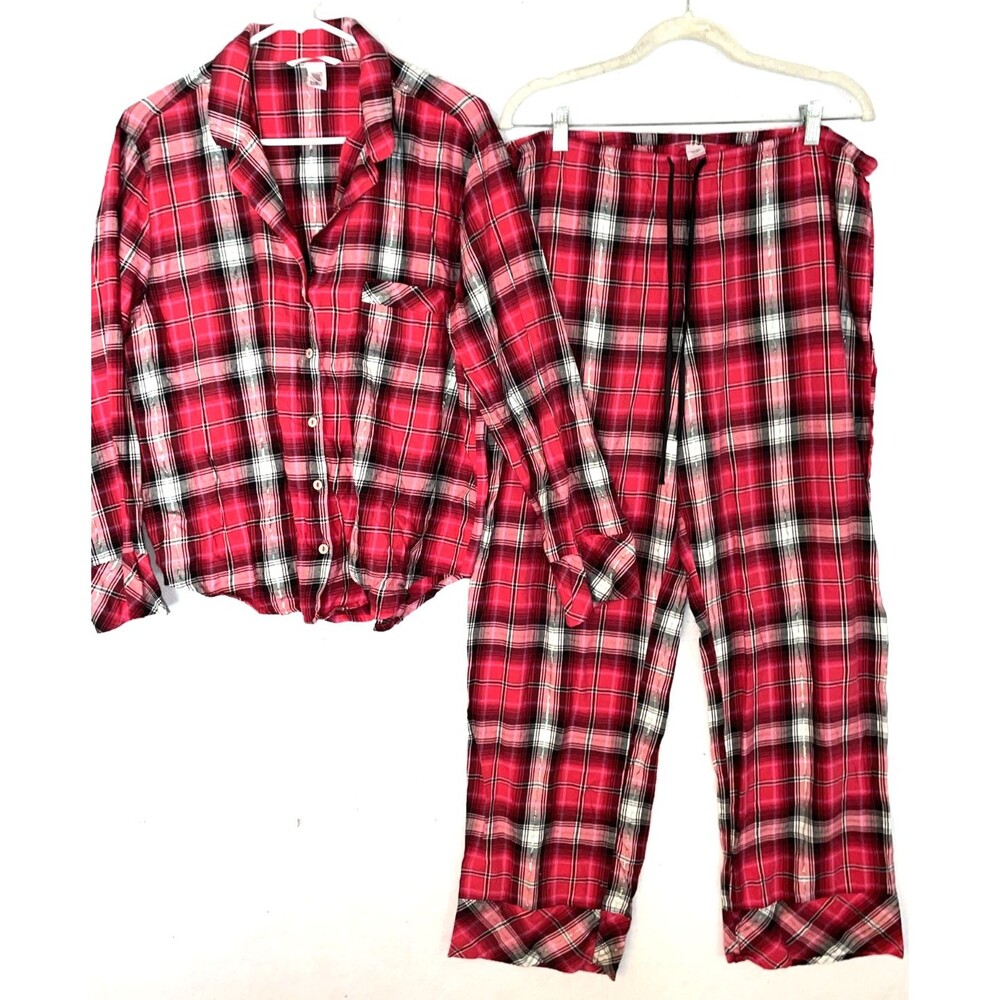 Victoria Secret Flannel Pajama Set Womens sz L Pink Plaid button top pants Shine